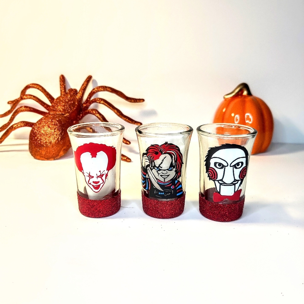 Halloween villain icons pennywise, jigsaw, chucky